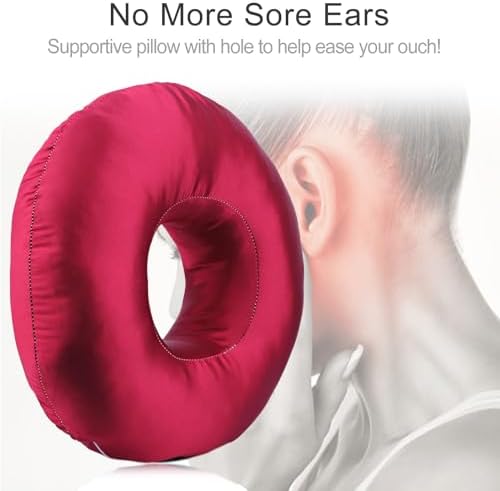 Silky Satin Piercing Pillow Ear Pillows Donut with Hole for Ear Pain CNH Piercing Pain Relief Sleeping Pressure Sore Side Sleepers Smooth Cooling Ear Guard Protector, Burgundy - Image 4