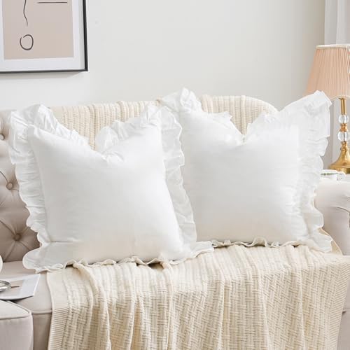 2 Pack 20"x20" Ruffle Throw Pillow Covers Farmhouse Off White Shabby by Qilunn