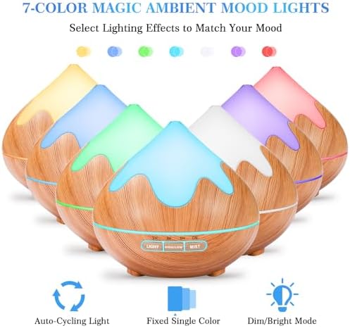 500ML Essential Oil Diffuser, Aromatherapy Diffuser with Remote Control, Multifunctional Air Diffusers for Home Office Room, Fragrance Aroma Diffuser with 7 Color LED & 2 Mist Mode, Light Brown - Image 2