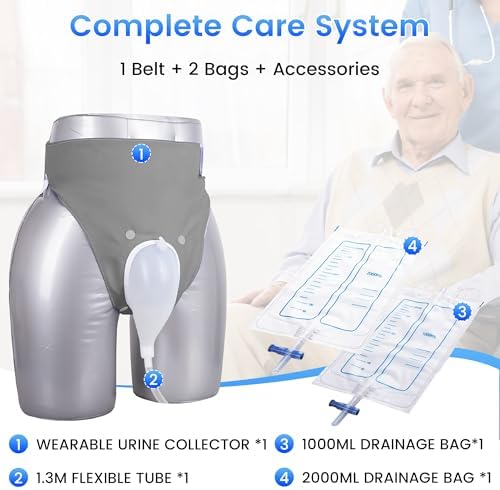 Urine Collection Bag Reusable Wearable Silicone Urine Drainage Device with 2 Bag Systems (Elderly Men, Grey) - Image 2