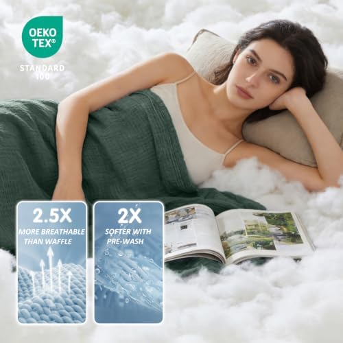 EMME Cotton Muslin Queen Blanket Bed Layering Bedspread Coverlet Breathable Gauze Soft Lightweight Blankets (Heather Forest Green, 90"x90") - Image 3