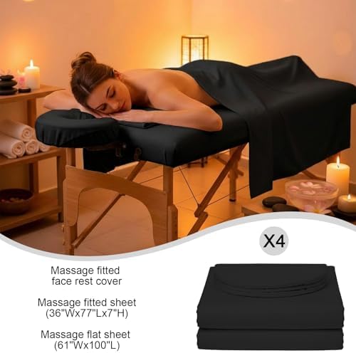 Oudain 4 Sets 3 Piece Soft Microfiber Massage Table Sheets Set Bulk Includes Massage Flat Sheet and Fitted Sheet and Face Rest Cover(Black) - Image 2