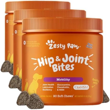 Zesty Paws Hip and Joint Supplement for Dogs - Glucosamine with Chondroitin, MSM, Vitamins C and E Dog Joint Relief - Mobility Bites Duck – 90 Count (Pack of 3) by ZestyPaws
