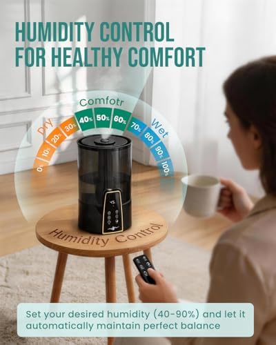 YOKEKON Humidifiers for Bedroom,1.06Gal(4L) Dishwasher Safe Design,Easy to Clean,Stay Clean Material,Top Fill,Night Light,Aroma Diffuser,Humidity,Timer,Sleep Mode,3 Level Mist,360° Nozzle,Home,Black - Image 5