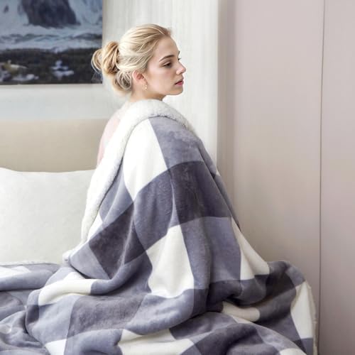 PU MEI Sherpa Blanket Fleece Throw Blanket Full Queen Plaid Thick Bed Blanket, Soft Warm Cozy Grey Checkered Throw Blanket 80"*90" - Image 2