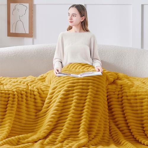 BEDELITE Ribbed Fleece Throw Blanket for Couch, Mustard Yellow, 50"x60" - Image 4
