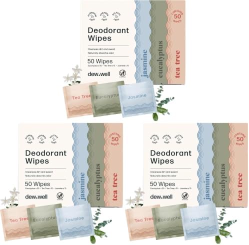 Dew Well Refreshing Deodorant Wipes, Refresh Body Deodorant Wipes, A Fresh Start When You’re On the Go, Aluminum, Paraben, and Sulfate Free, Variety Pack (Tea Tree, Eucalyptus, Jasmine) (Pack of 3) by DewWell