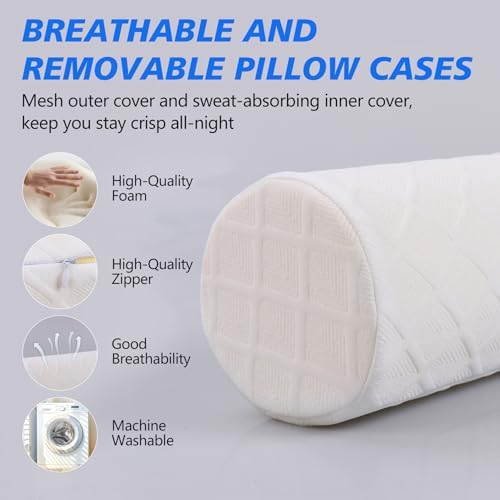 Cozyhealth Cervical Roll Pillow, Medium Soft Memory Foam Neck Round Pillow Cylinder Bolster Pillow for Sleeping, Round Neck Support for Bed, Legs, Back and Yoga (White, Large - 4.7" H) - Image 5
