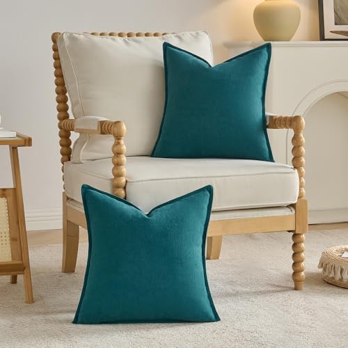 FUTEI Pack of 2 Chenille Throw Pillow Covers 22x22 Inch, Teal - Image 4