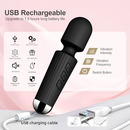 Personal Mini Quiet Massager 20 Vibration Wand Modes 8 Intensity, Portable Handheld Massage for Neck Shoulder Back, Deep Tissue Relief, Cordless & Travel-Friendly (Black) - Image 6