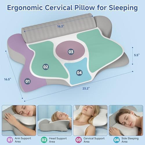 Cervical Neck Pillow for Pain Relief & Sleeping, Ergonomic Posture Pillow Neck Support, Cooling Memory Foam Pillow with Roll Pillow, Orthopedic Contour Pillow for Side Back Stomach Sleepers, Grey - Image 3