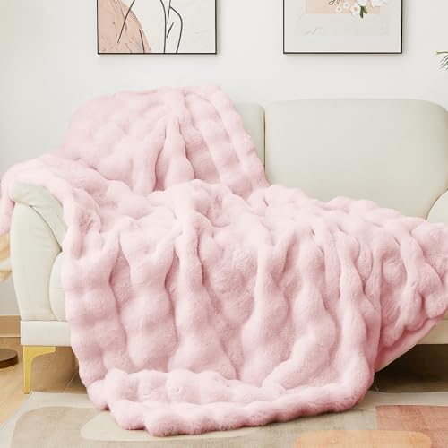 Latepis Pink Faux Fur Throw Blanket for Couch Bubble Cute Soft Warm Comforter Thick Furry Blanket for Sofa Bedroom Cozy Blankets for Women Gift Luxury Blanket for All Seasons 50''x60'', 860gsm by Latepis