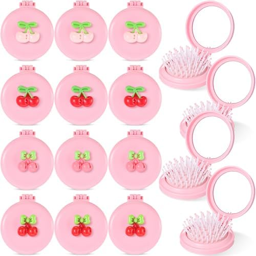 12 Pcs Pink Coquette Cherry Mini Hair Brushes Folding Mirror Coquette Detangler Brush Bulk Round Compact Massage Scalp Comb for Purse Women Travel Team Gifts Trendy Stuff Party Favors by Yiyiring