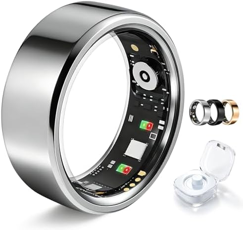 Smart Ring for Men Women Fitness Tracker Heart Rate Sleep Trends 128 Sports Modes Gesture Control Cycle Tracking IP68 Waterproof No Subscription Compatible with iPhone Android (Silver, Size10) by Unknown