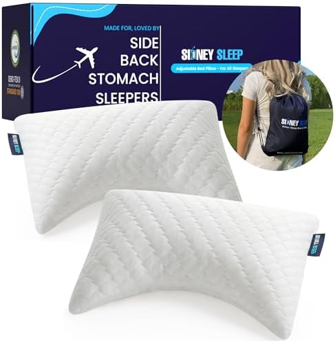 Sidney Sleep Set of 2 Mini Travel Size Neck Pillows - Knee Pillow - Back Lumbar Support - Curved Bed Pillow - 14 x 19 Inches - Adjustable Loft - Carry Backpack Included (White 2 Pack Mini) by SidneySleep