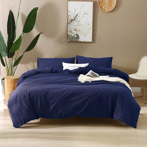 F.Y.Dreams 100% Washed Cotton Duvet Cover for Weighted Blanket 80x87 inches with 16 Ties, Zipper on Long Side/Navy BlueJust Duvet Cover by FYDreams