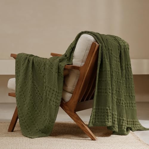 PHF Lightweight 100% Cotton Waffle Throw Blanket for Couch, Capulet Olive by PHF