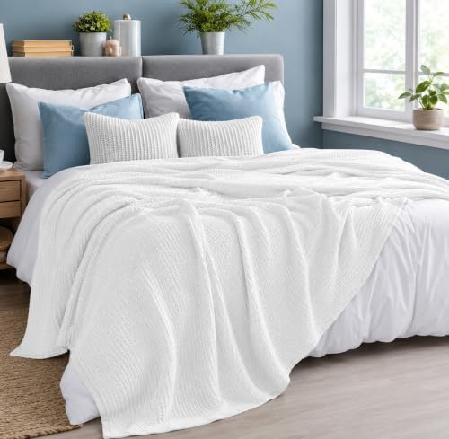 HILLFAIR 100% Combed Cotton Blanket– Queen Bed Blanket– Soft Cozy Warm Multipurpose Throws for Luxury Home Decor– 90 x 90 inch Queen Size Cotton Blankets for Beds- Bed Blankets for All Season- White - Image 5