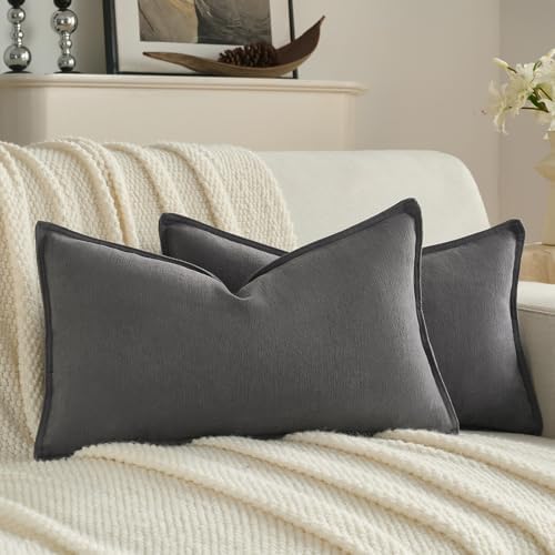 FUTEI Pack of 2 Chenille Throw Pillow Covers 12x20 Inch, Dark Grey by FUTEI