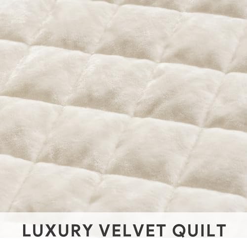 RECYCO Channel Box Stitch Velvet Quilt Set, Twin/Twin XL Size, Cream White - Image 4