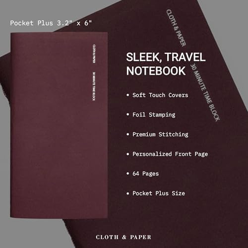 Cloth & Paper Travel Notebook | Time Blocking Planner – Bordeaux | Pocket Plus Daily Schedule Planner 3.2" x 6" | 30 Minute Time Block Layout for Planning, Scheduling & Productivity – Soft Touch Cover - Image 3
