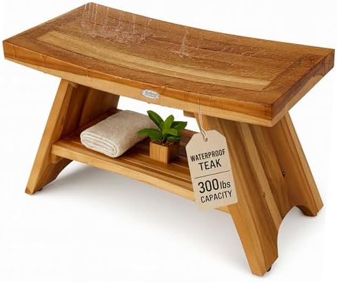 EcoDecors Serenity 30-Inch Teak Shower Bench with Shelf, 300 lb by EcoDecors