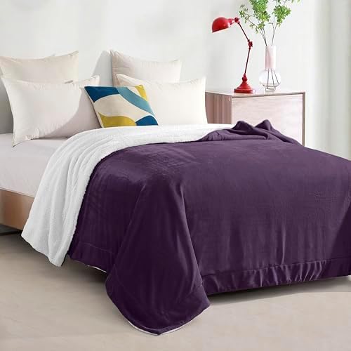 Elegant Comfort Ultra Soft Reversible Flannel Sherpa Blanket - Cozy Silky Fleece Throw for Couch, Bed - Plush Fuzzy Warm Winter Blanket for Gift, Queen, Purple - Image 3