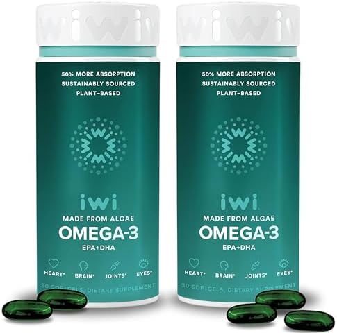 Iwi Omega-3, 60 Softgels (60 Servings), Vegan Plant-Based Algae Omega 3 with EPA + DHA, Whole-Body Support Dietary Supplement, Krill & Fish Oil Alternative, No Fishy Aftertaste by iwi%C2%AE