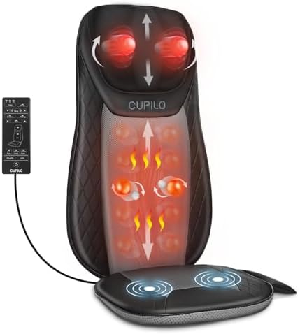 CuPiLo Shiatsu Neck & Back Massager with Heat, Massage Chair Pad Cushion for Stress Relief, Inflatable Flaps Back Support, Kneading or Rolling Chair Seat Massage by CUPILO