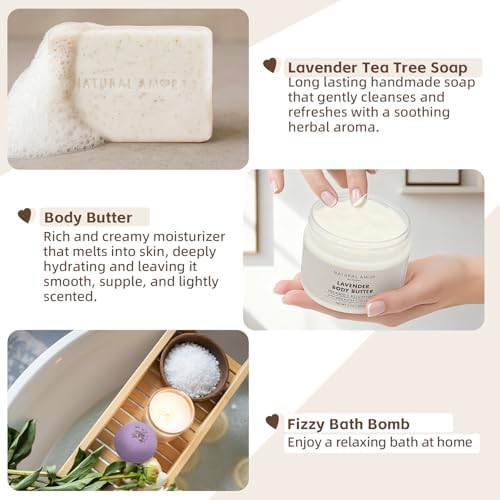 Natural Amor 5-Piece Lavender Spa Gift Set – Bath Bomb, Body Butter, Bar Soap, Bath Salt, Candle – Relaxing Self Care Kit for Women – Gift Box for Birthday, Thank You, Get Well - Image 4