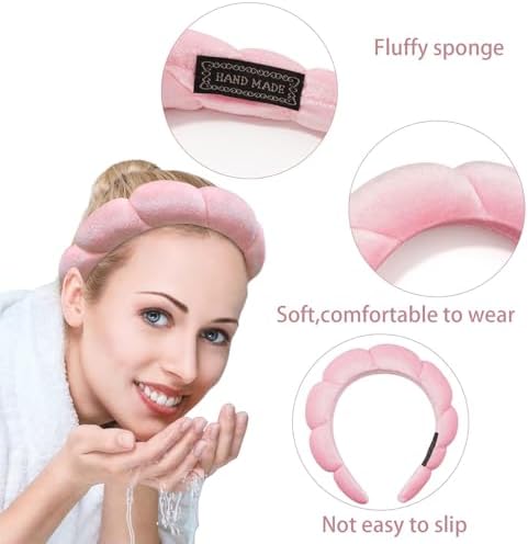 Ayesha Hairband, 2pcs Spa Headband for Women - Bubble Skincare Headband for Washing Face, Sponge Soft Hairband Skincare Makeup Headbands for Women Girls Shower, Pink & White - Image 4