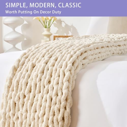 Bigacogo Chunky Knit Throw Blanket for Couch, 51x63 inches, Beige - Image 6