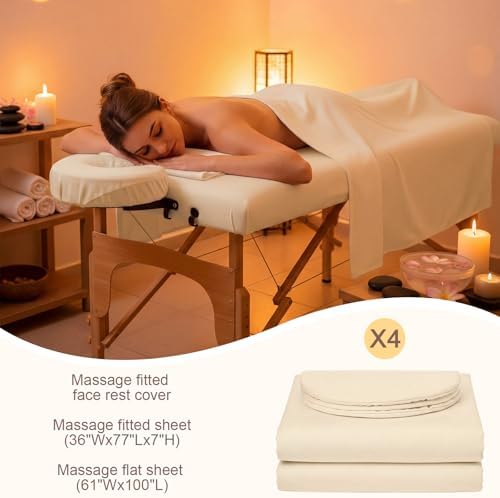 Oudain 4 Sets 3 Piece Soft Microfiber Massage Table Sheets Set Bulk Includes Massage Flat Sheet and Fitted Sheet and Face Rest Cover(Beige) - Image 2