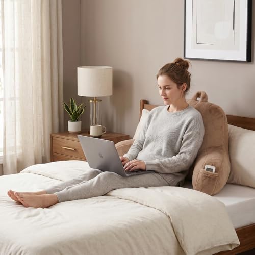 Soft Reading Pillow for Bed with Arms,Middle,Khaki,Faux Fur - Image 2