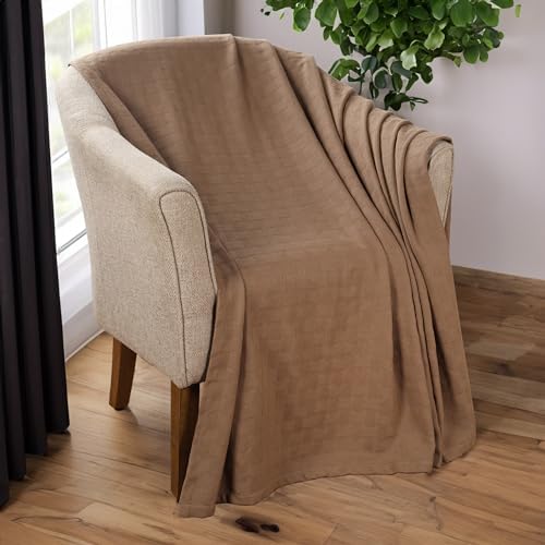 Superior Basketweave Cotton Blanket, Basket Weave Design, Soft, Comfy Cover for Bed, Bedding, Bedroom, Couch Throw, Lounging, Modern Boho Medium Weighted Blankets, Throw Size, Taupe - Image 2