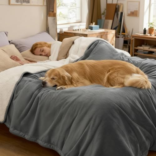 Tisancy Waterproof Gray Blanket for Dog Cat Puppy, 80'' x 60'' Double Side Leakproof Reversible Double Side Sherpa Flannel Fleece 3 Layer Lightweight Blanket, Absorb50oz(Gray/White), Machine Washable - Image 5