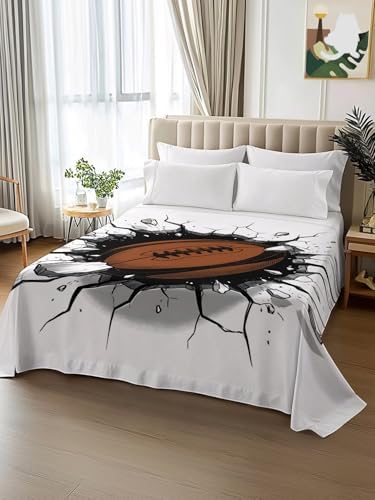 California King Flat Sheet 3D Brown Rugby Flat Sheets Only Soft Breathable Microfiber Bedding Top Sheets Luxury Hotel Quality Football Break Through Wall Cal King Bed Sheet for Bedroom Dorm Decor - Image 2