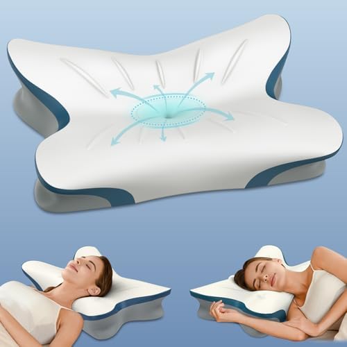 Cervical Pillow for Neck Pain Relief - Ergonomic Neck Pillow, White & Blue by Unknown