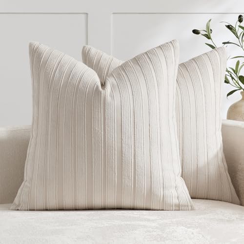 DEZENE 24x24 Beige Throw Pillow Covers Pack of 2 Soft Striped Corduroy Square Neutral Pillow Cases for Couch Sofa Bedroom Living Room Home Decor by DEZENE
