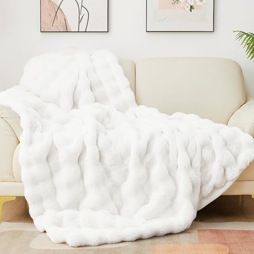 Latepis White Throw Blanket for Couch, Soft Faux Fur Bubble Blankets for Sofa Bedroom Living Room, Cozy Warm Fluffy Blanket for Winter, Great Birthday Gift Selection, 50x60 Inch, 860GSM by Latepis
