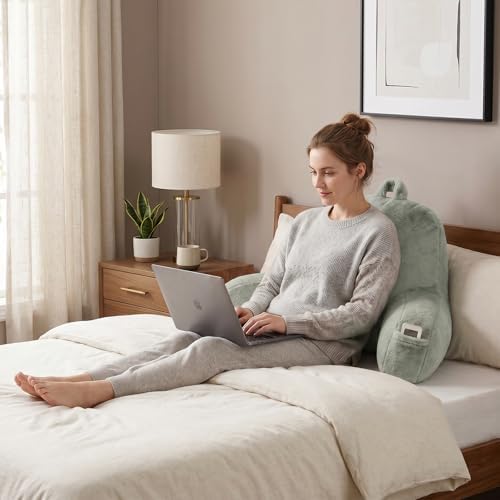 Soft Reading Pillow for Bed with Arms,Middle,Green,Faux Fur - Image 2
