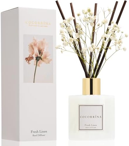 COCORRÍNA Reed Diffuser - Fresh Linen 6.7 fl oz Reed Diffuser with Sticks, Home Bedrrom Bathroom Shelf Decor by COCORR%C3%8DNA