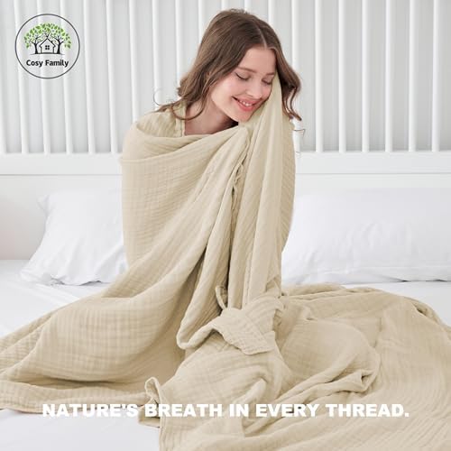 Cosy Family 6 Layer Muslin Bed Blanket - Breathable and Lightweight Gauze Boho Blanket for Spring, Soft 100% Cotton Muslin, Light Tan, 55x80 Inches - Image 3