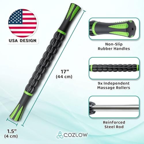 Muscle Roller Stick, Black Green, Hand Held Body Massager, 9 Rollers - Image 5