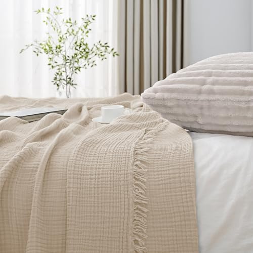 Esterra Muslin Throw Blanket 50x65 Inches Cozy Soft Lightweight Pre-Washed Cotton Blanket, All Season Breathable 4-Layer Gauze Blanket Throw for Sofa Couch Bed, Neutral - Image 5