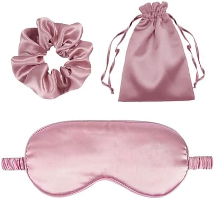 3Pcs Satin Eye Mask Silk Sleep Masks Set Silky Blindfold Eyeshade Blackout Eyes Cover Pouches Bag Scrunchy Wedding Gift by WJingYiJia