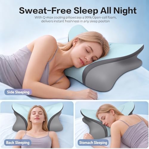 Pain Relief Cervical Neck Pillow, Ergonomic Contour | Q-Max Cooling | Non-Temperature Memory Foam | Side/Back/Stomach Sleeper Support for Sleeping, Reading, Scrolling (Blue & Dark Grey) - Image 5