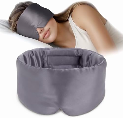 Silk Sleep Mask Soft Pressureless: 100% Mulberry Silk for Eye Skin Anti Wrinkles, Large Size for Total Blackout, Adjustable Wide Velcro Ear Cover, Charcoal by OLESILK