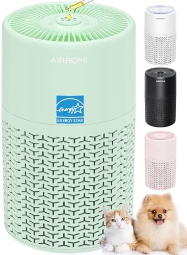 AIRROMI Pets Air Purifier for Home Allergies,Up to 660 ft². HEPA Deodorizing Activated Carbon Filter,With Fragrance Sponge for Better Sleep,Night Light,Pet Dander,Smoke,Odors,Air Cleaner A2002 Green by AIRROMI