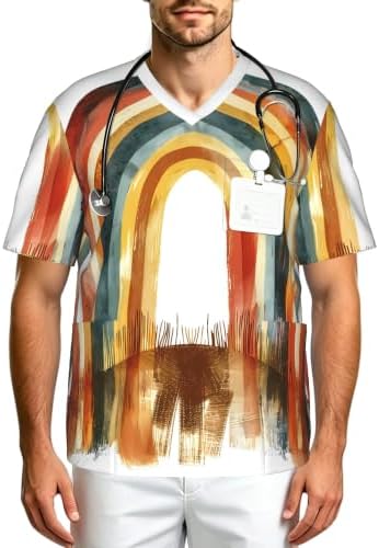 Men's Scrub Top,V-Neck Spill Wrinkle Resistant,3 Pockets-Boho Rainbow (1) by Unknown